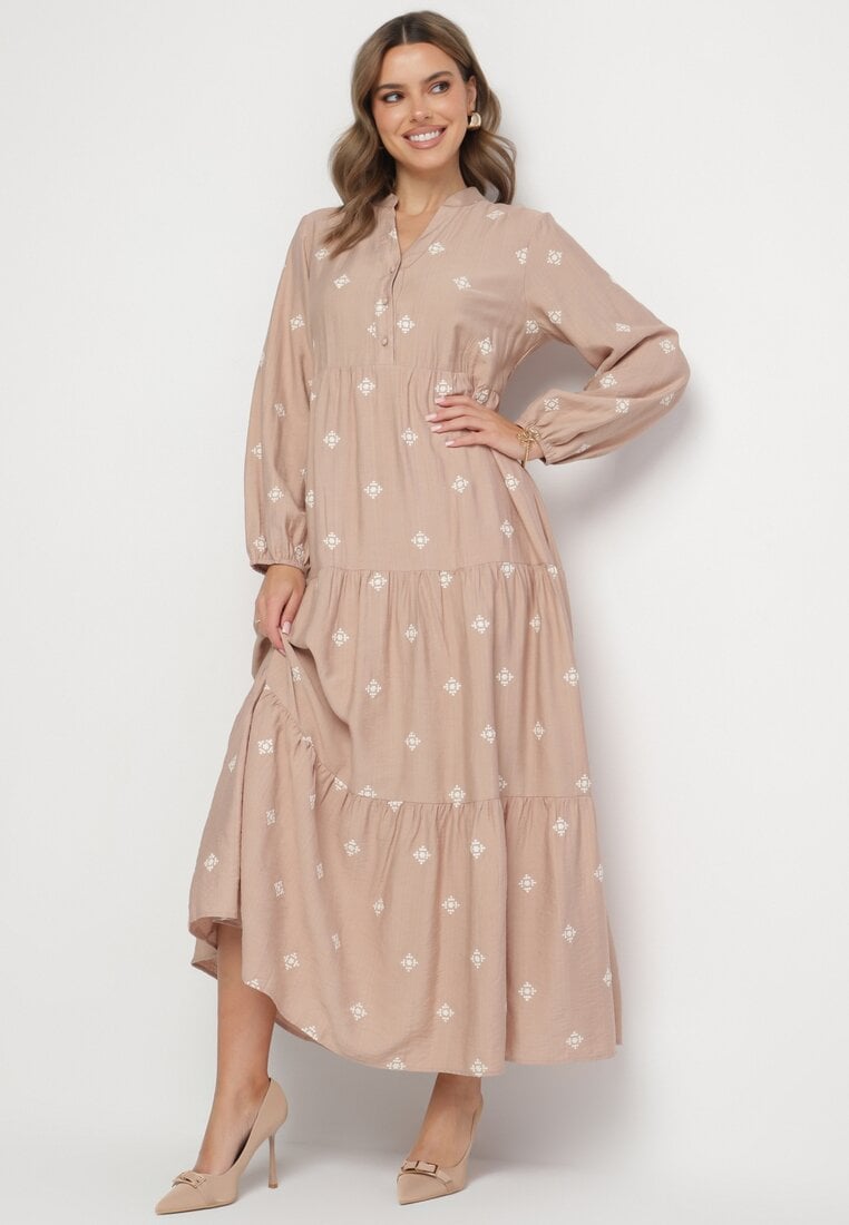 Beżowa Sukienka z Wiskozy o Rozkloszowanym Kroju z Ozdobnym Haftem Nalariel