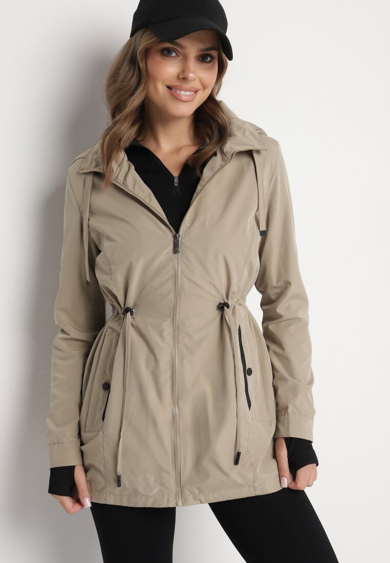 Ciemnobeżowa Kurtka Parka ze Sznurkiem w Talii i Kapturem Teridi