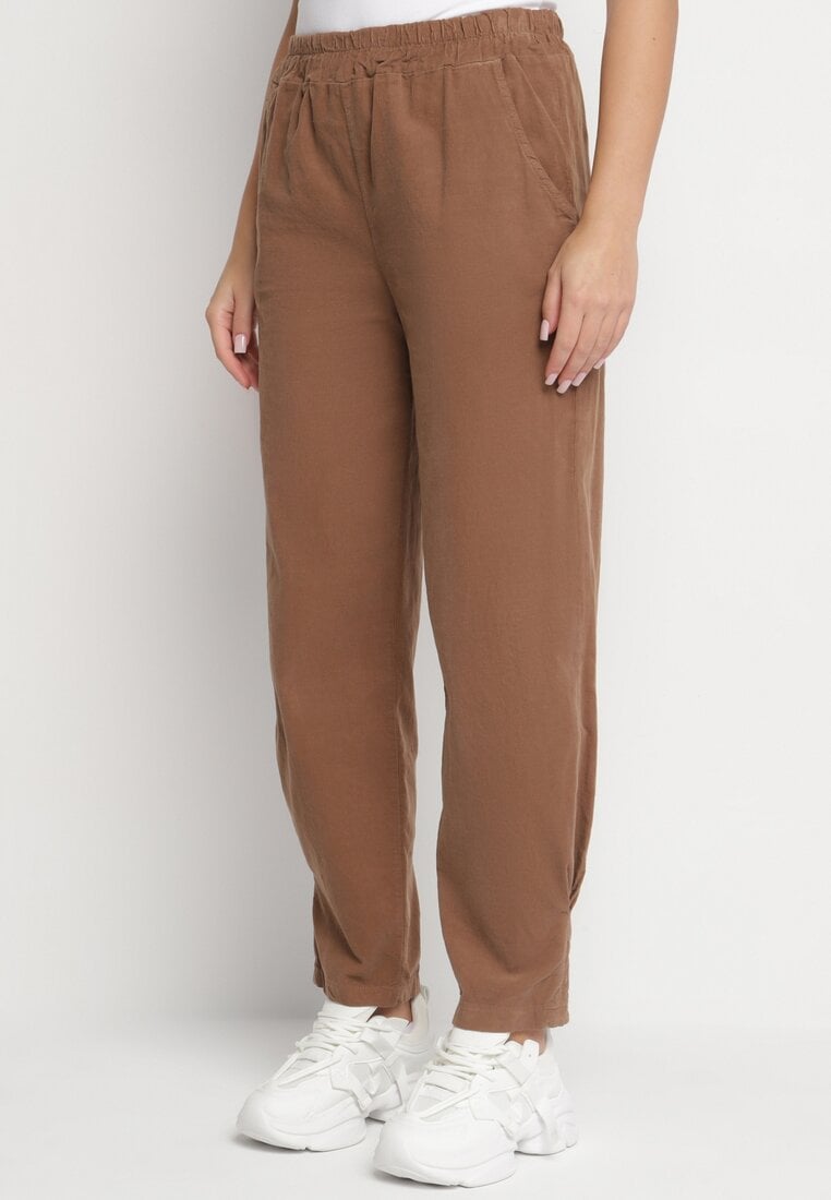 Brązowe Bawełniane Spodnie z Wysokim Stanem Melili