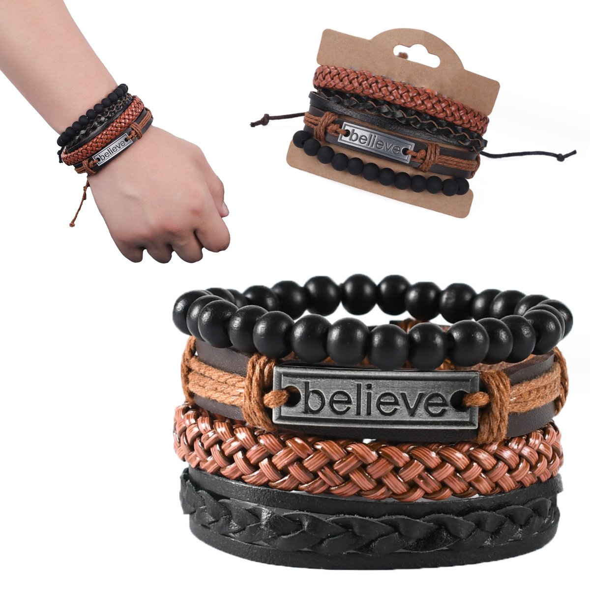 Bransoletka męska ręcznie pleciona modna elegancka believe komplet 4 sztuk
