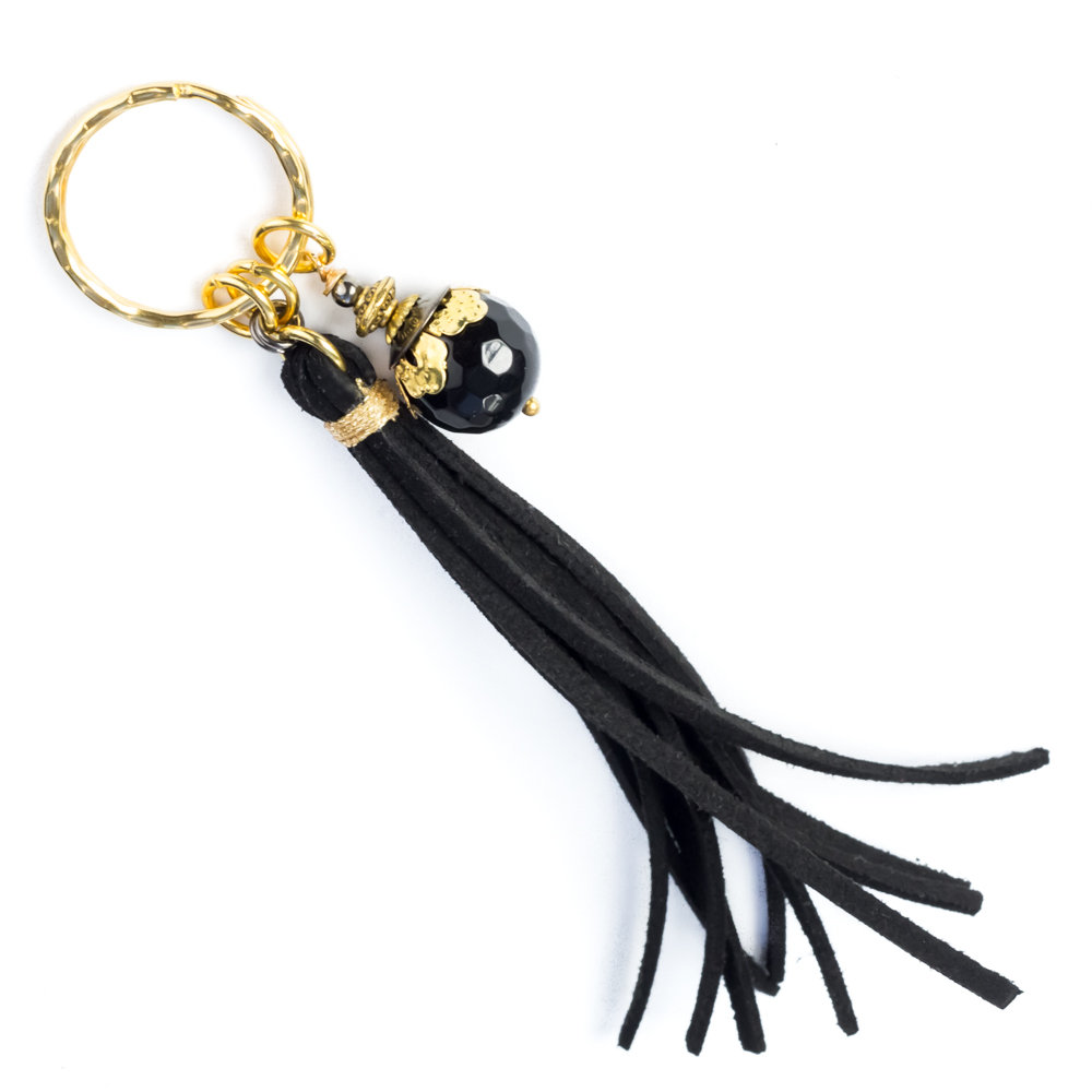 Brelok z kamieniem onyks i z chwostem, zamsz syntetyczny, złoty / JG. Projekt