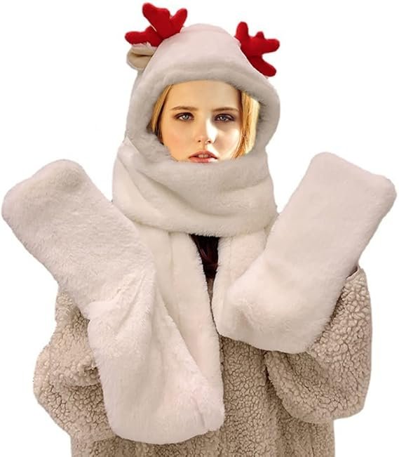 Czapka Szalik Rękawiczki 3W1 Kremowe Damskie Z Uszami Renifera