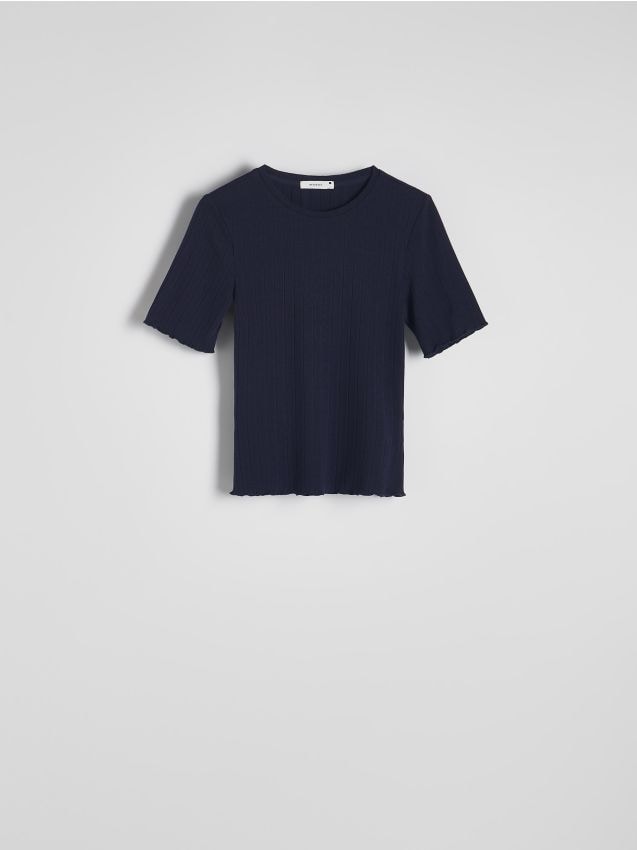 Reserved - Prążkowany t-shirt z dodatkiem wiskozy - granatowy