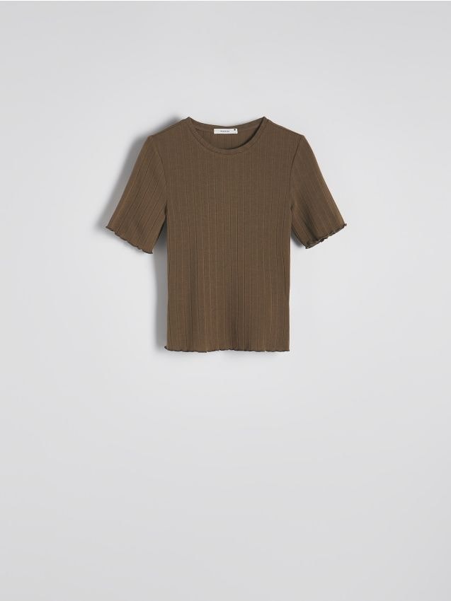 Reserved - Prążkowany t-shirt z dodatkiem wiskozy - oliwkowy