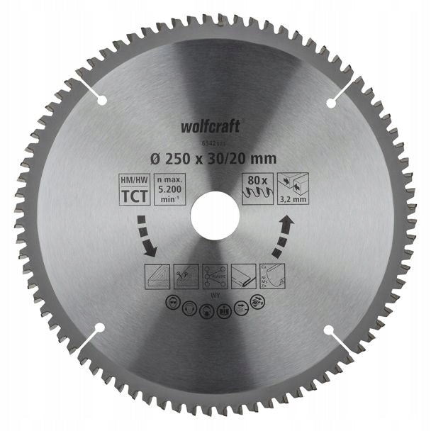 WOLFCRAFT 6542000 Tarcza pilarska 250x30/20mm 80zębów czyste cięcie