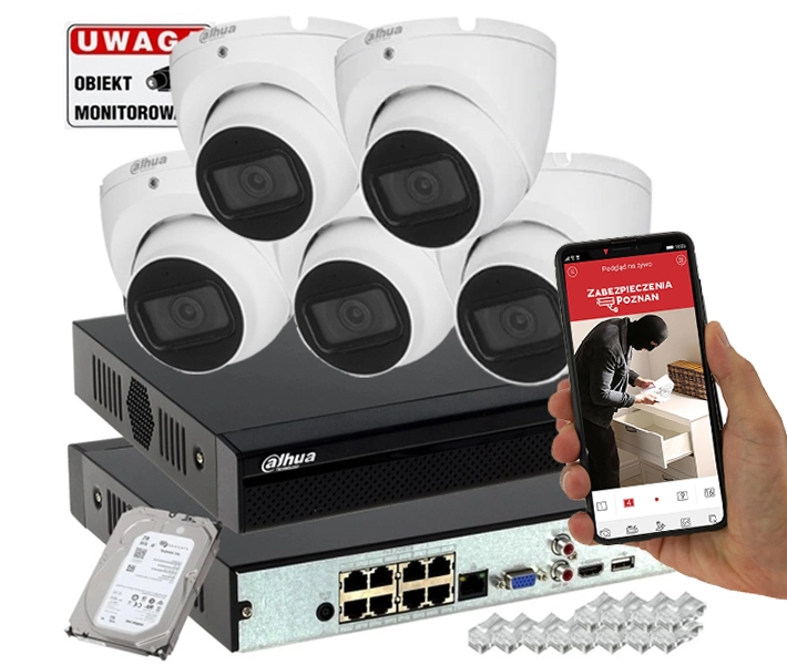 Zestaw 5 kamer do monitoringu zewnętrznego IP Dahua IPC-HDW1530T-0280B-S6 5MPx IR30 Mikrofon PoE