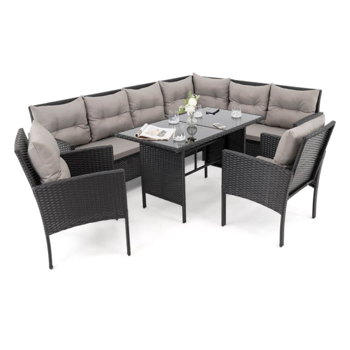 Zestaw mebli ogrodowych dla 9 osób PARIS BIG Technorattan Czarny Poduszki szare 01
