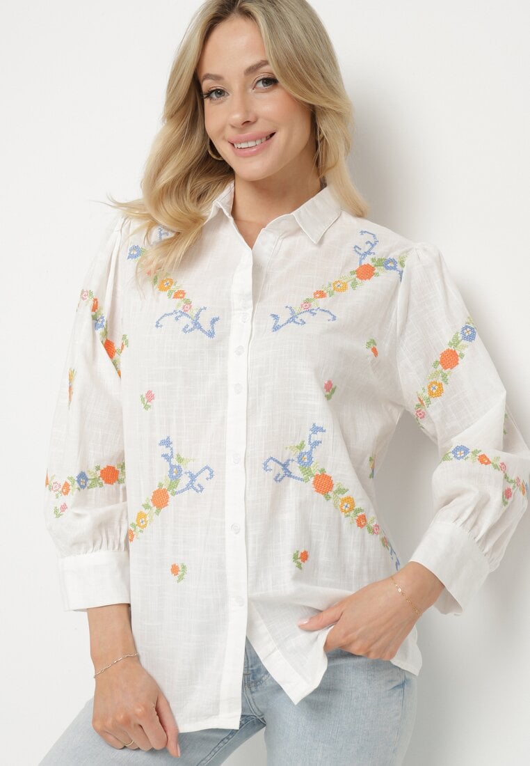 Biała Koszula z Bawełny Ozdobiona Haftem i Regulowanymi Rękawami Dolissa