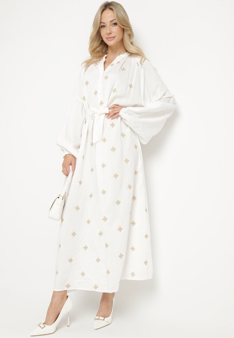 Biała Wiskozowa Sukienka o Kroju Oversize z Ozdobnym Haftem Naleniel