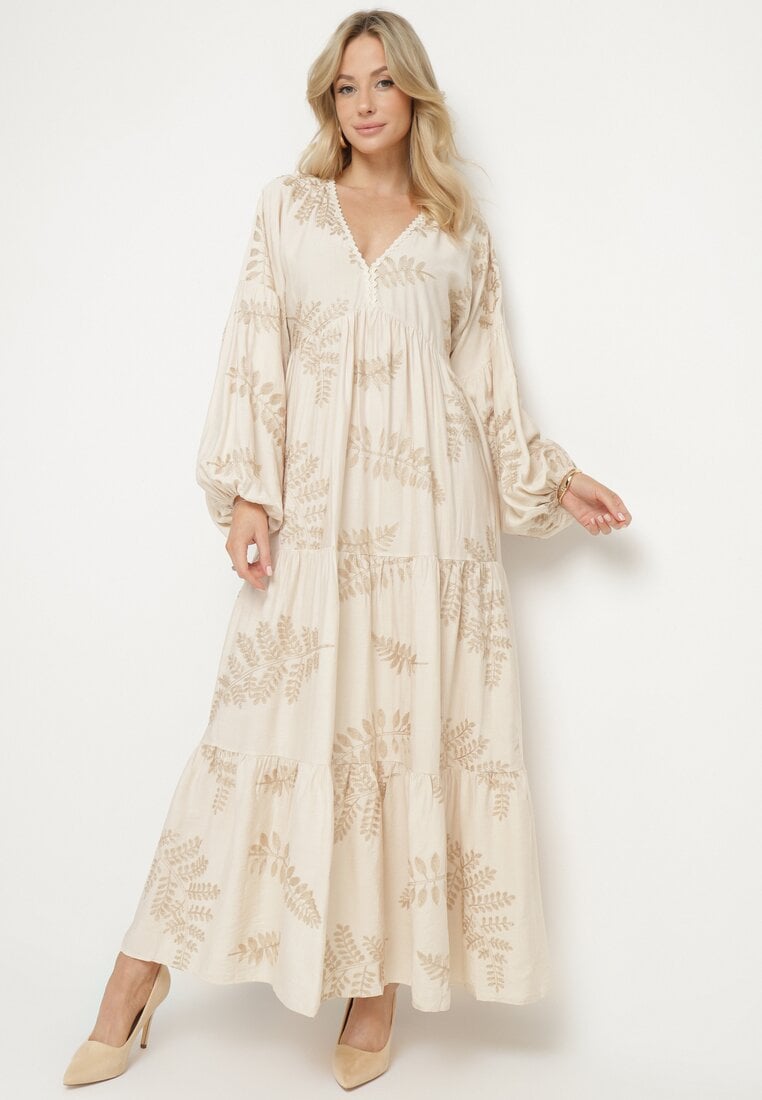 Beżowa Wiskozowa Sukienka Rozkloszowana z Metalicznymi Haftami Fennala