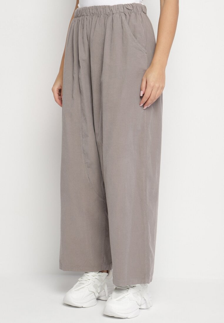 Szare Szerokie Spodnie z Bawełny z Wysokim Stanem Florili