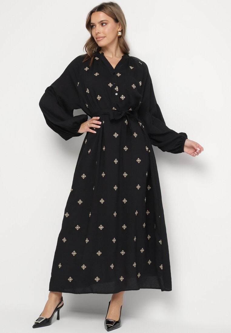 Czarna Wiskozowa Sukienka o Kroju Oversize z Ozdobnym Haftem Naleniel