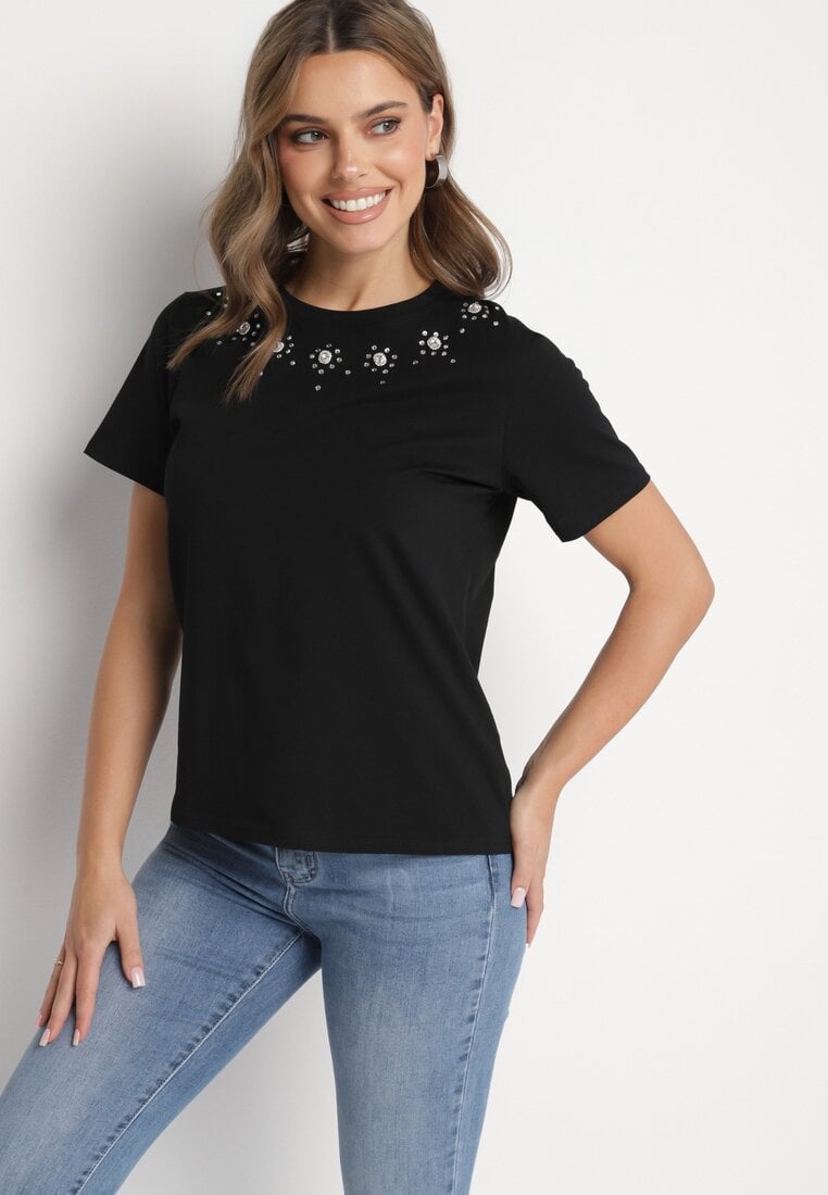 Czarna Bawełniana Bluzka T-shirt Ozdobiona Cyrkoniami Marivista