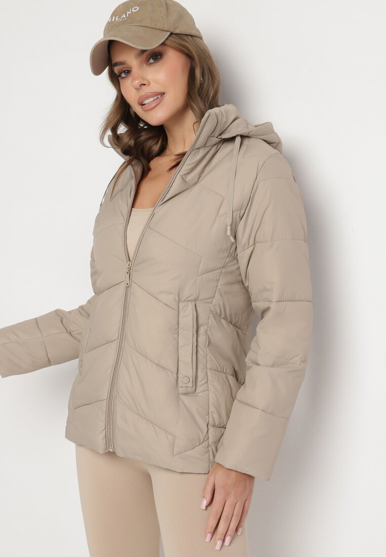 Ciemnobeżowa Kurtka z Pikowanymi Przeszyciami i Odpinanym Kapturem Felanwen