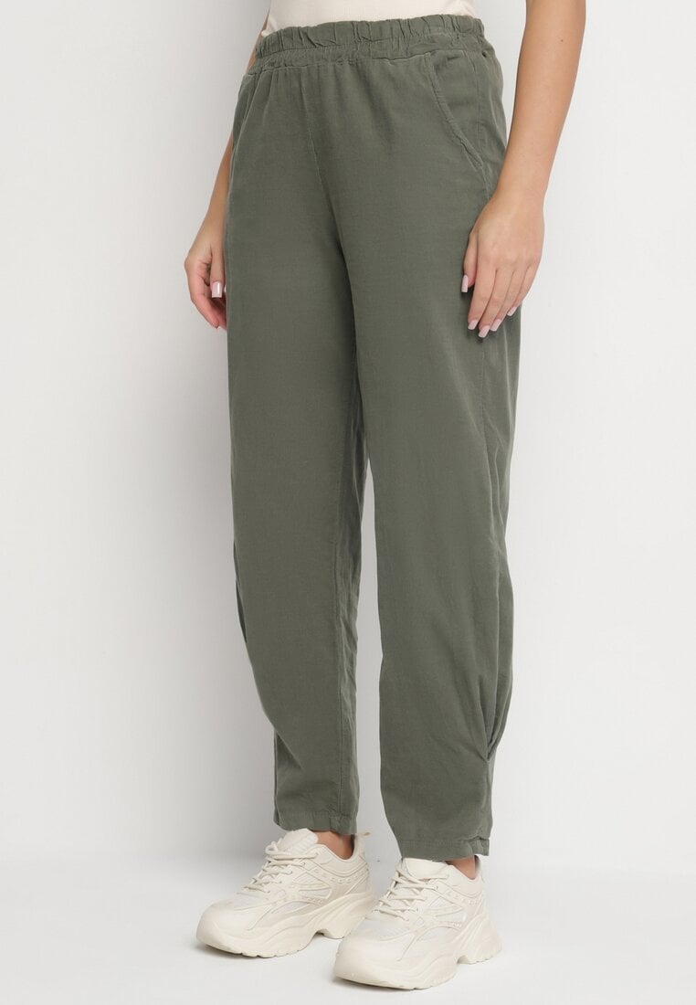 Ciemnozielone Bawełniane Spodnie z Wysokim Stanem Melili