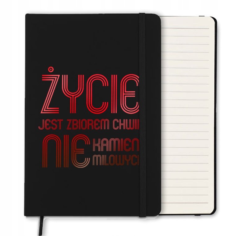 NOTES CZARNY Z GUMKĄ A5 W LINIE SLEEKING ŻYCIE JEST ZBIOREM CHWIL RED