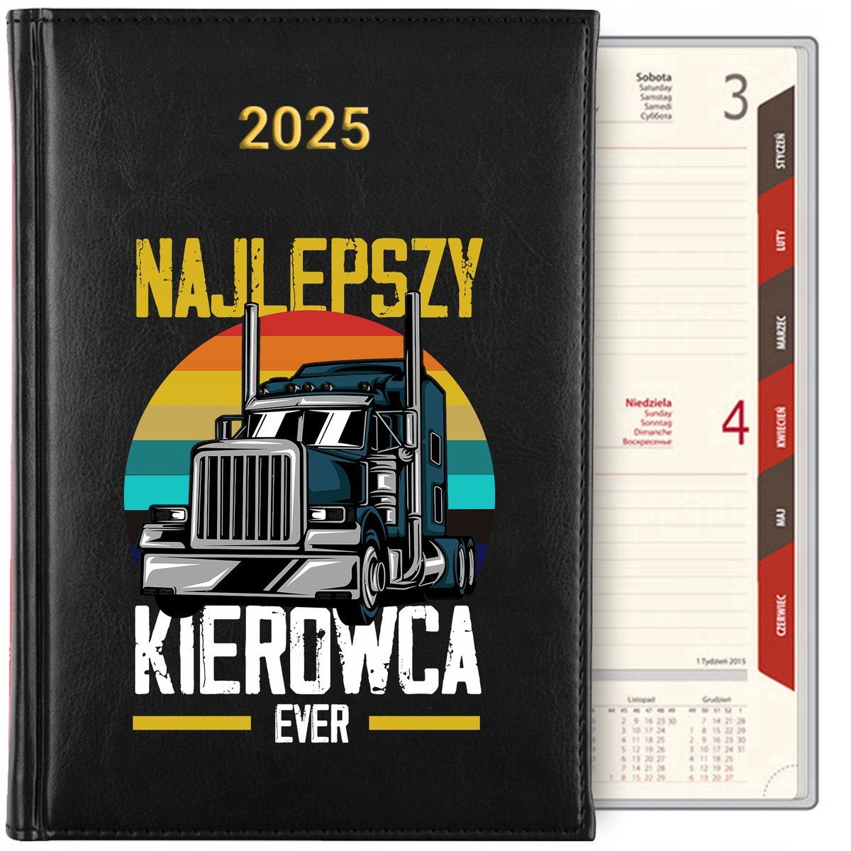 KALENDARZ DZIENNY TERMINARZ PLANER A5 2025 CZARNY NAJLEPSZY KIEROWCA WZORY