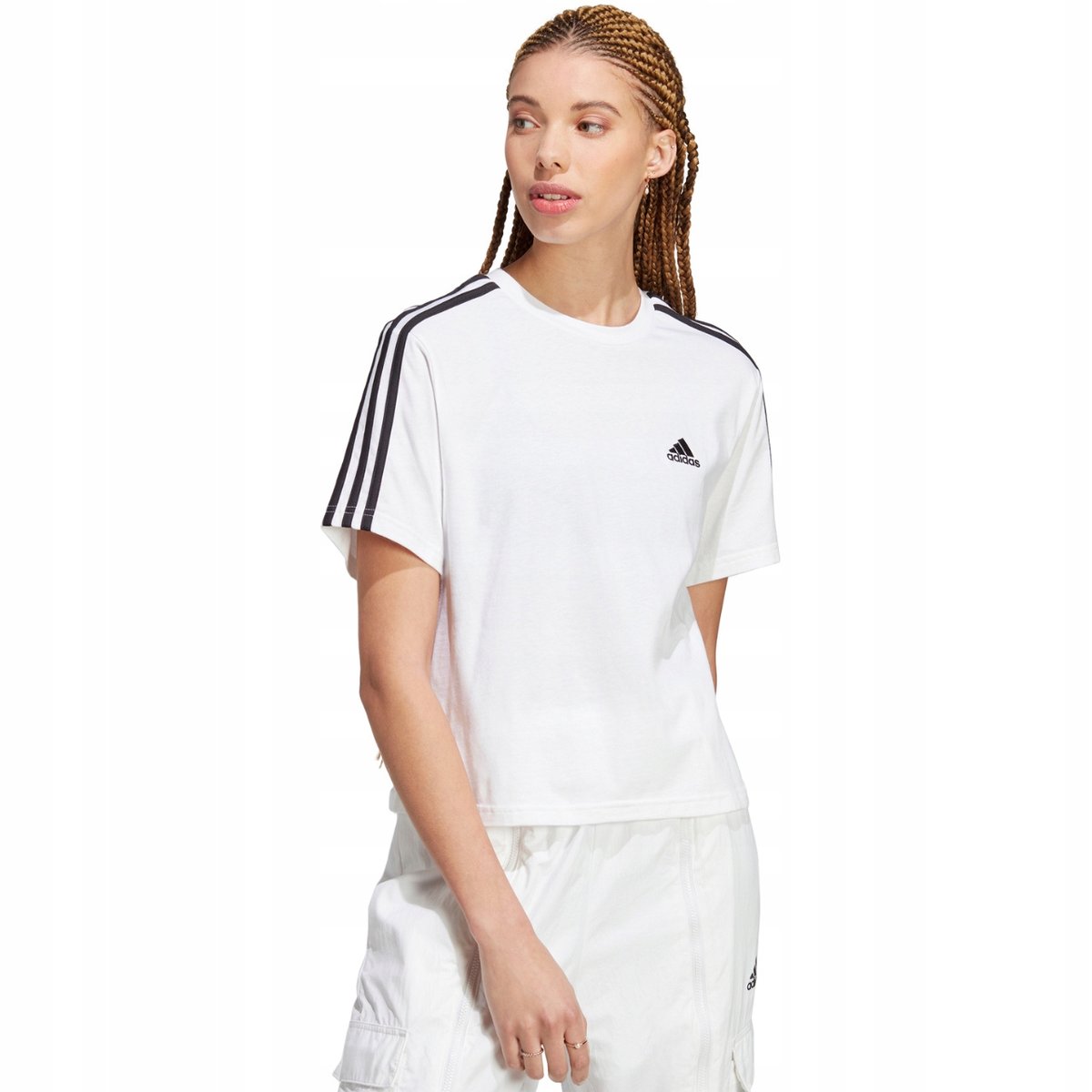 Koszulka damska adidas Essentials 3-Stripes Single Jersey Crop Top biało-cz