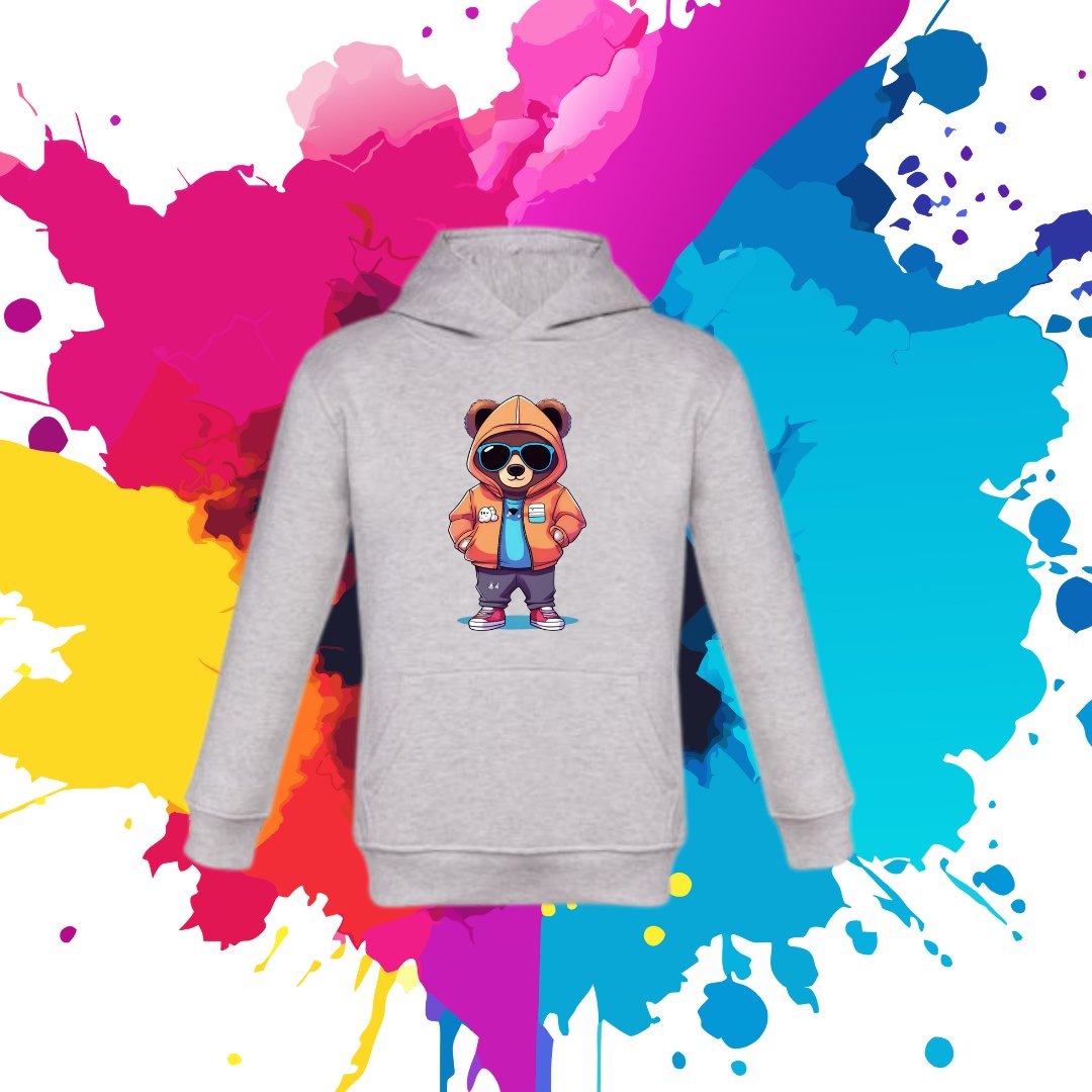 Bluza dziecięca typu kangurka z kapturem w kolorze jasnoszarym z nadrukiem miś Leszek 8 lat