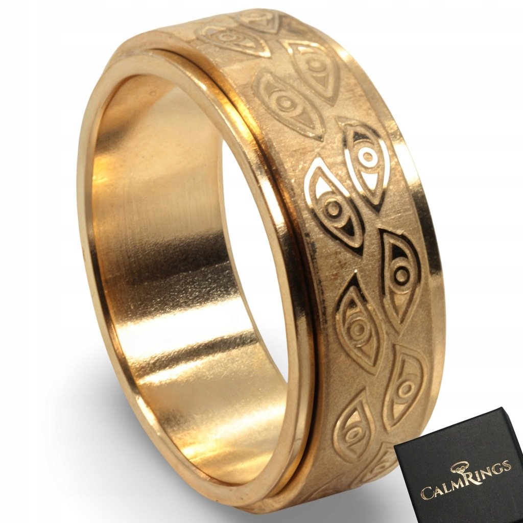 ZŁOTY PIERŚCIONEK RING antystresowy obrotowy mistyczne oczy 8mm na prezent