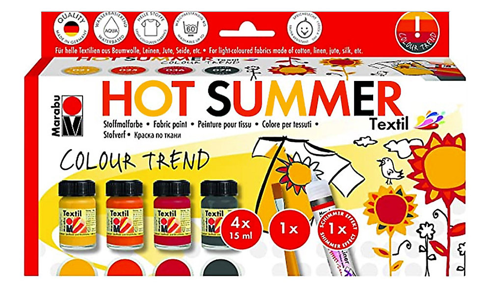 Zestaw do malowania na jasnych tkaninach Marabu TEXTIL „HOT SUMMER” - 4 farby, pędzelek i konturówka