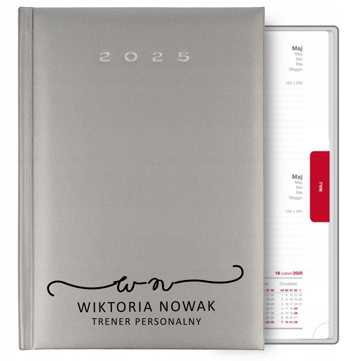 KALENDARZ KSIĄŻKOWY A5 2025 Srebrny PERSONALIZOWANY PREZENT MONOGRAM IMIĘ