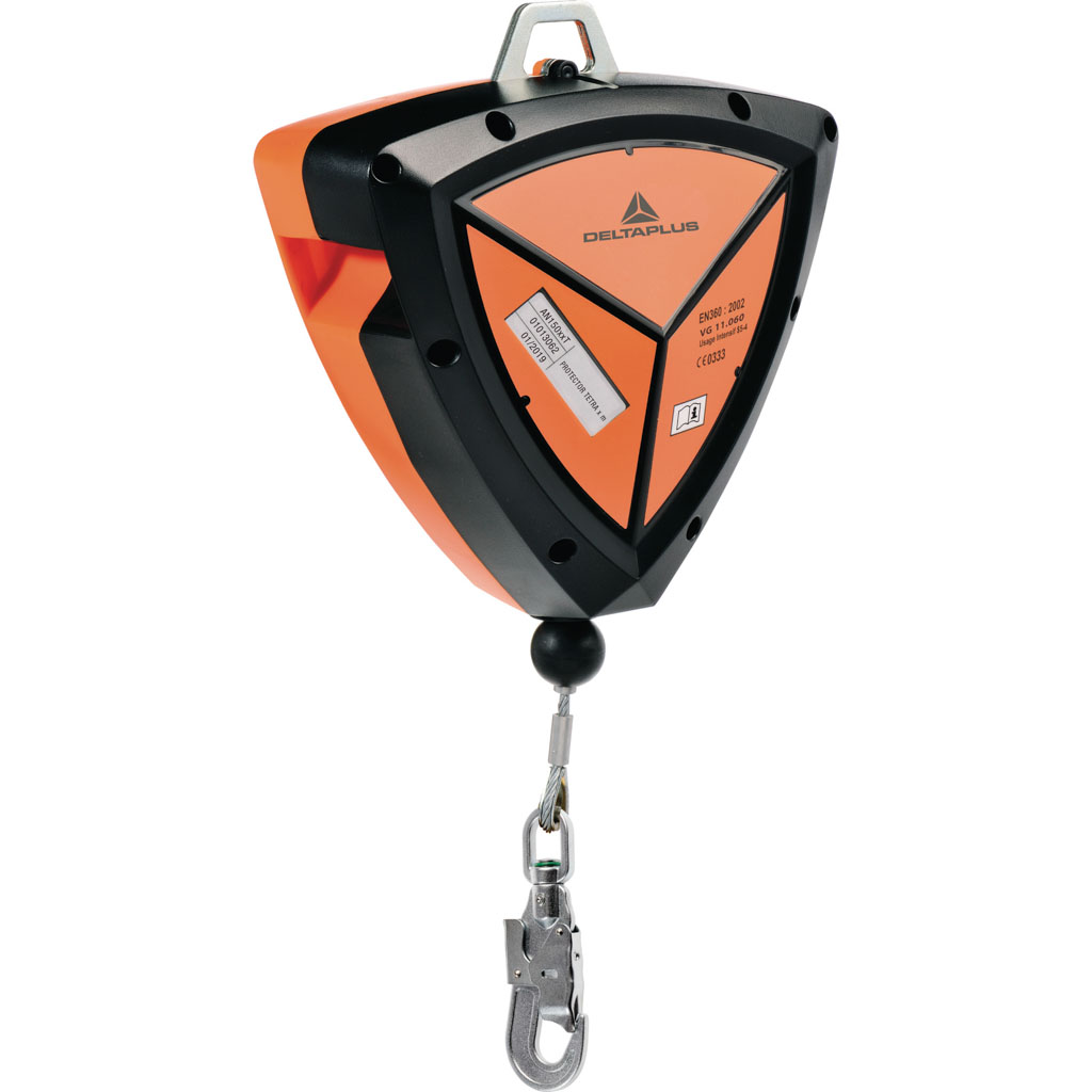 DELTA PLUS PROTECTOR TETRA AN15006T PROTECTOR 6 M, OBUDOWA ABS, LINA GALWANIZOWANA O 4 MM, 1 ŁĄCZNIK AM016 Z KRĘTLIKIEM I ZNACZNIKIEM UPADKU; POMARAŃCZOWY