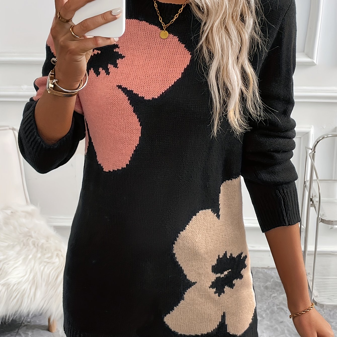 TEMU Nowoczesna, Elegancka Koszulka z Długim Rękawem i Kwiatowym Nadrukiem na 2025