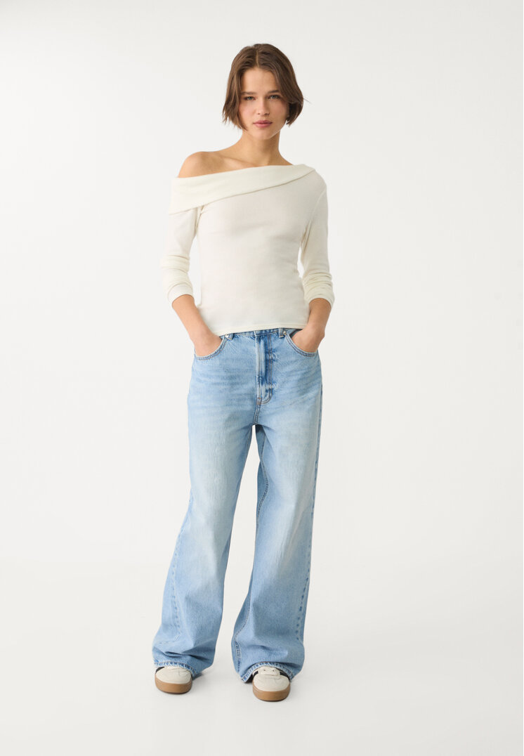 Stradivarius D88 Jeansy baggy z szerokimi nogawkami Niebieski denim 34