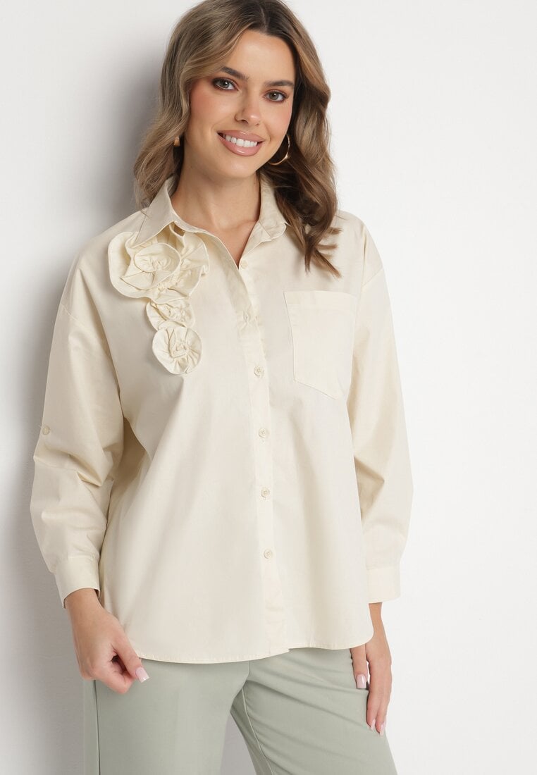 Ciemnobeżowa Koszula z Bawełny Ozdobiona Kwiatami 3D Dorelin