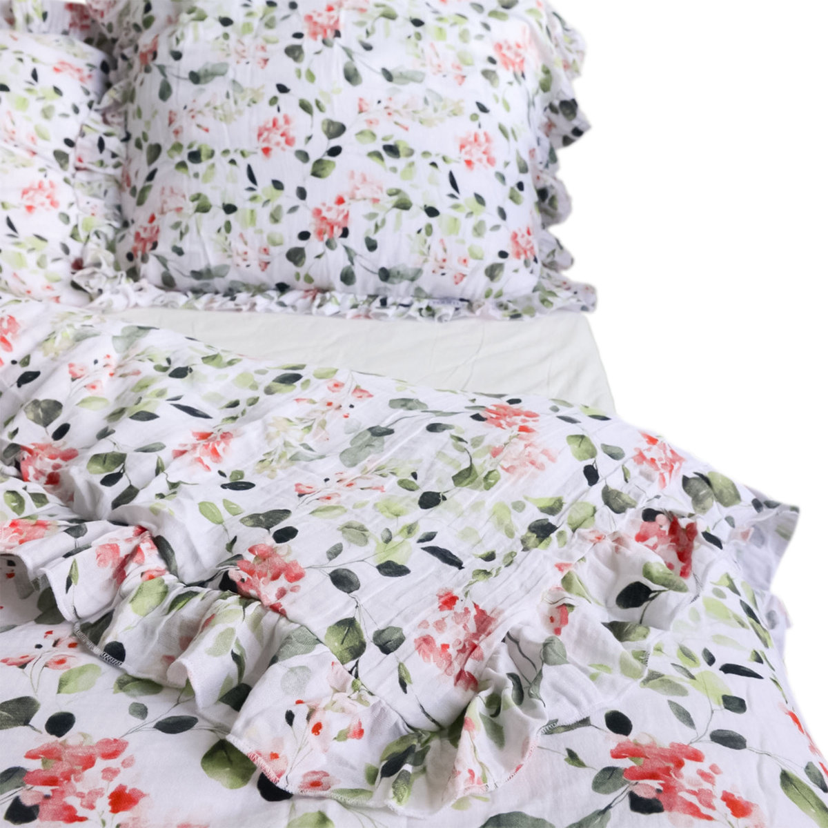 Pościel Muślinowa Z Falbanką Komplet Do Sypialni Eukaliptusy 160X200 Cm + 2 Poduszki 70X80 Cm