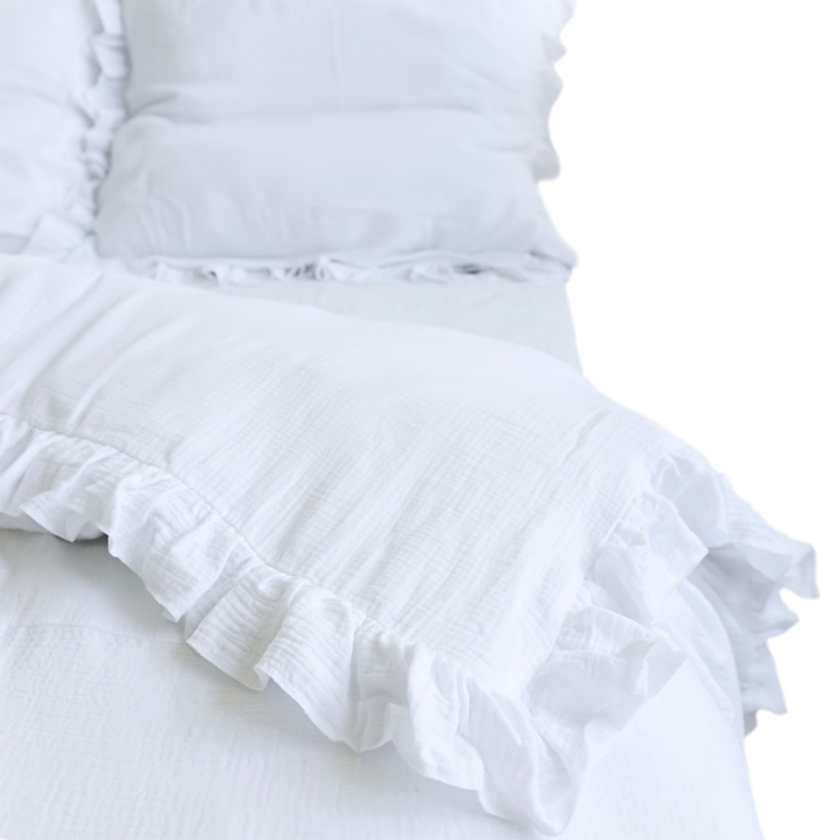 Pościel Muślinowa Z Falbanką Komplet Do Sypialni Biała 180X200 Cm + 2 Poduszki 70X80 Cm