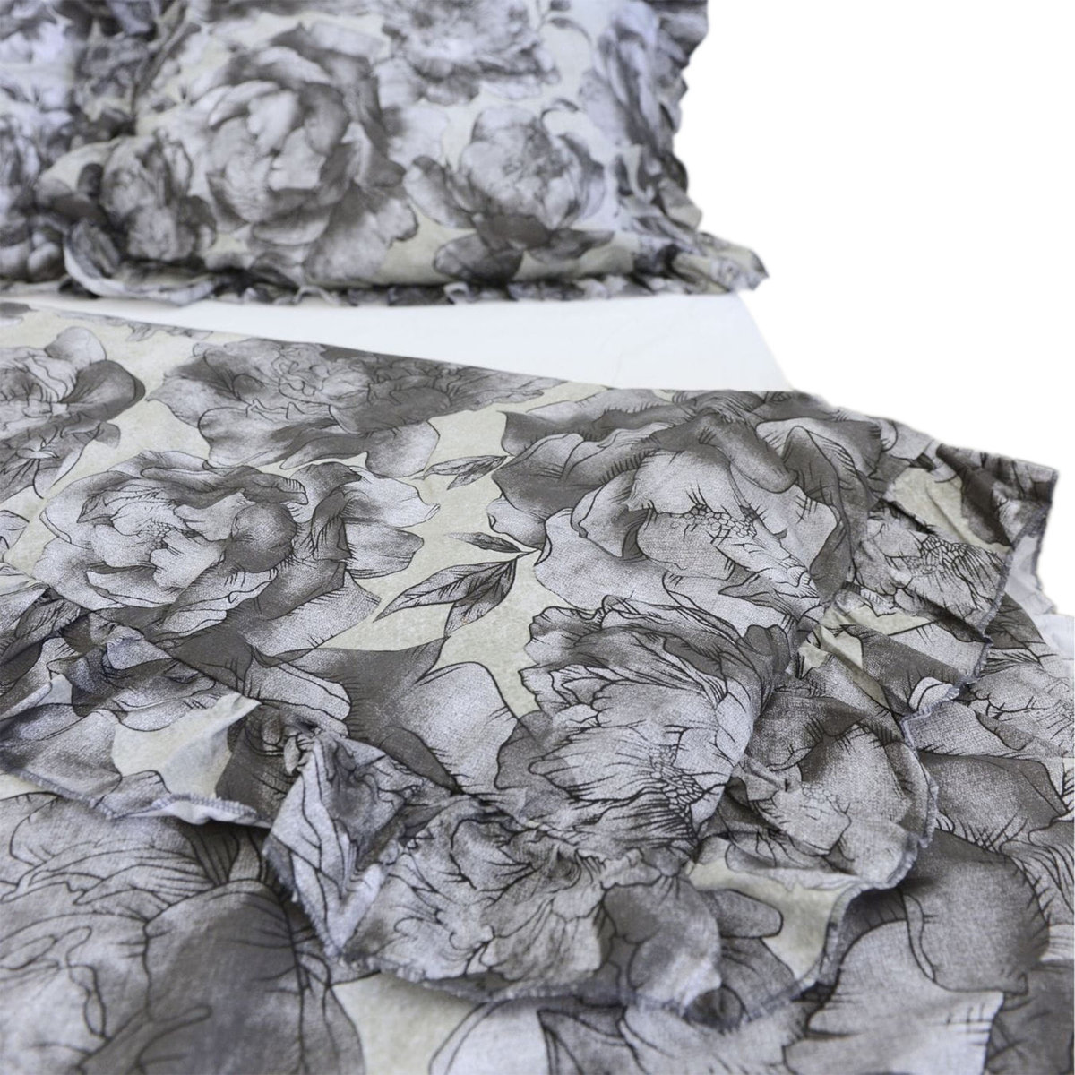 Pościel Bawełniana Z Falbanką Komplet Zestaw Do Sypialni 180X200 Cm Szare Kwiaty + 2 Poduszki 70X80 Cm