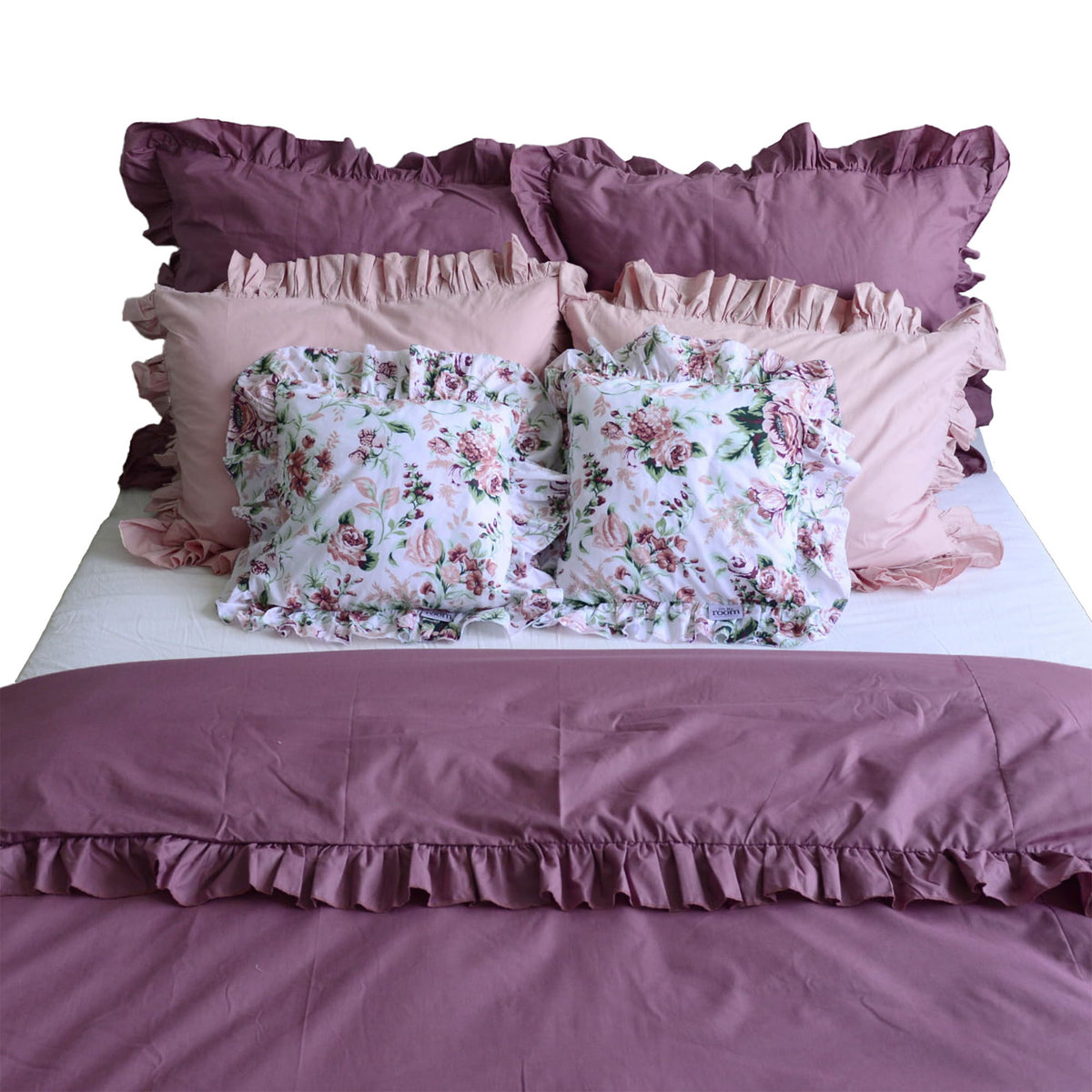 Pościel Bawełniana Z Falbanką Komplet Do Sypialni + 6 Poduszek 200X200 Cm Brudny Róż Kwiaty
