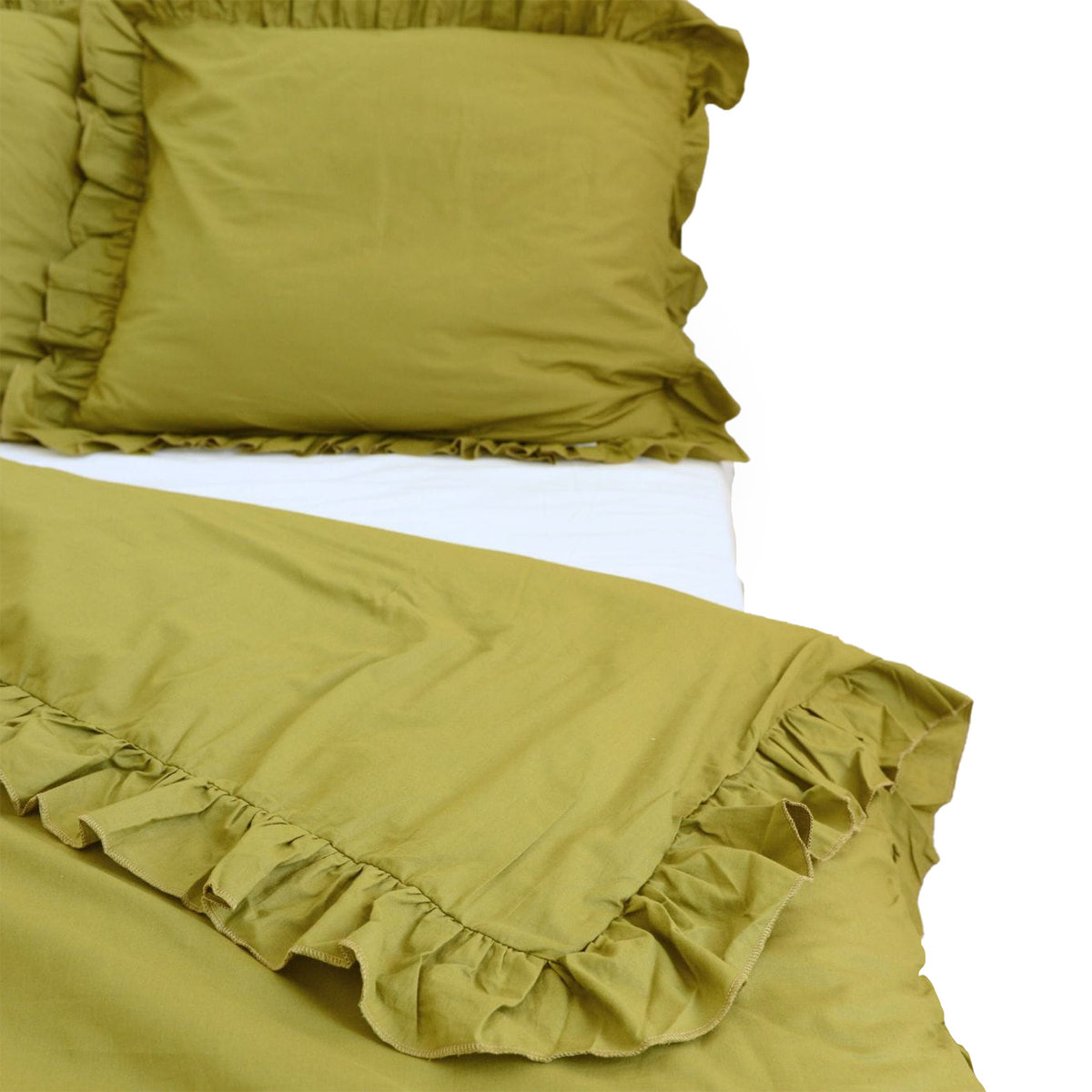 Pościel Bawełniana Z Falbanką Zestaw Komplet Do Sypialni Oliwkowa 200X200 Cm + 2 Poduszki 70X80 Cm