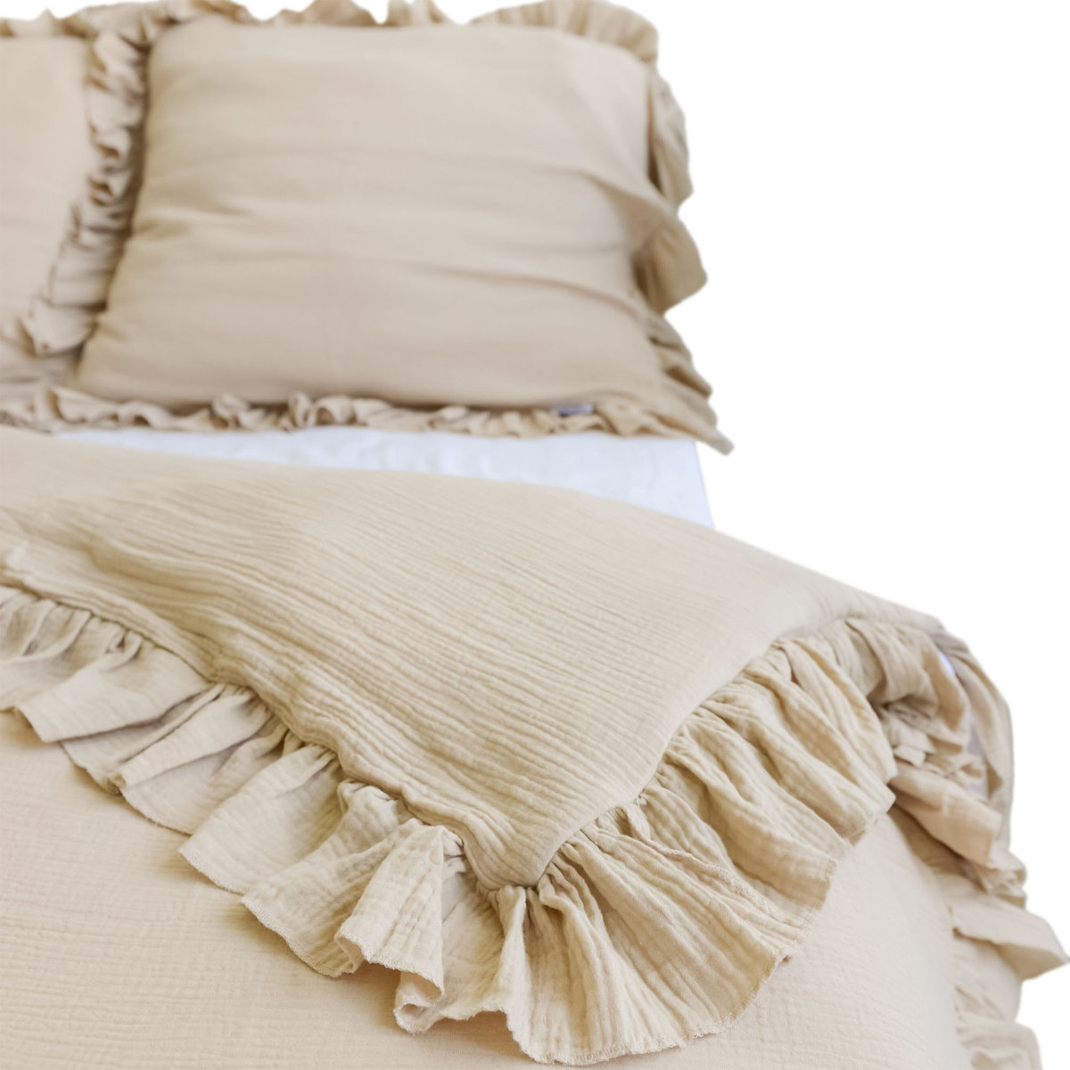 Pościel Muślinowa Z Falbanką Komplet Do Sypialni Boho Beż 160X200 Cm + 2 Poduszki 70X80 Cm