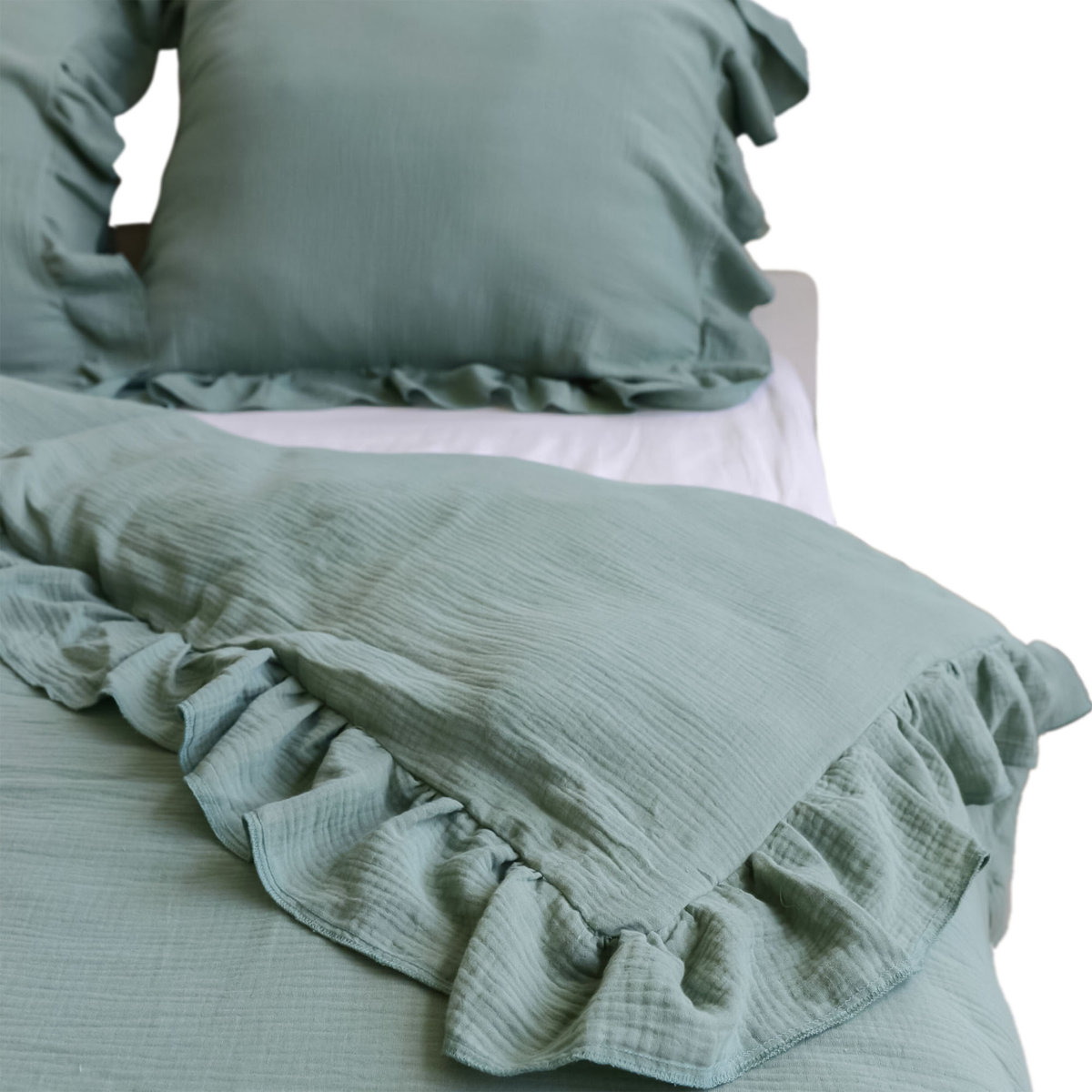 Pościel Muślinowa Z Falbanką Komplet Do Sypialni Boho Zieleń 220X200 Cm + 2 Poduszki 70X80 Cm