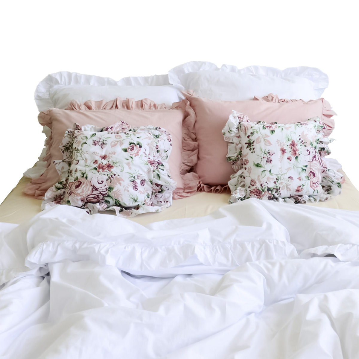 Pościel Bawełniana Z Falbanką Komplet Do Sypialni +6 Poduszek 220X200 Cm Biel Brudny Róż Kwiaty