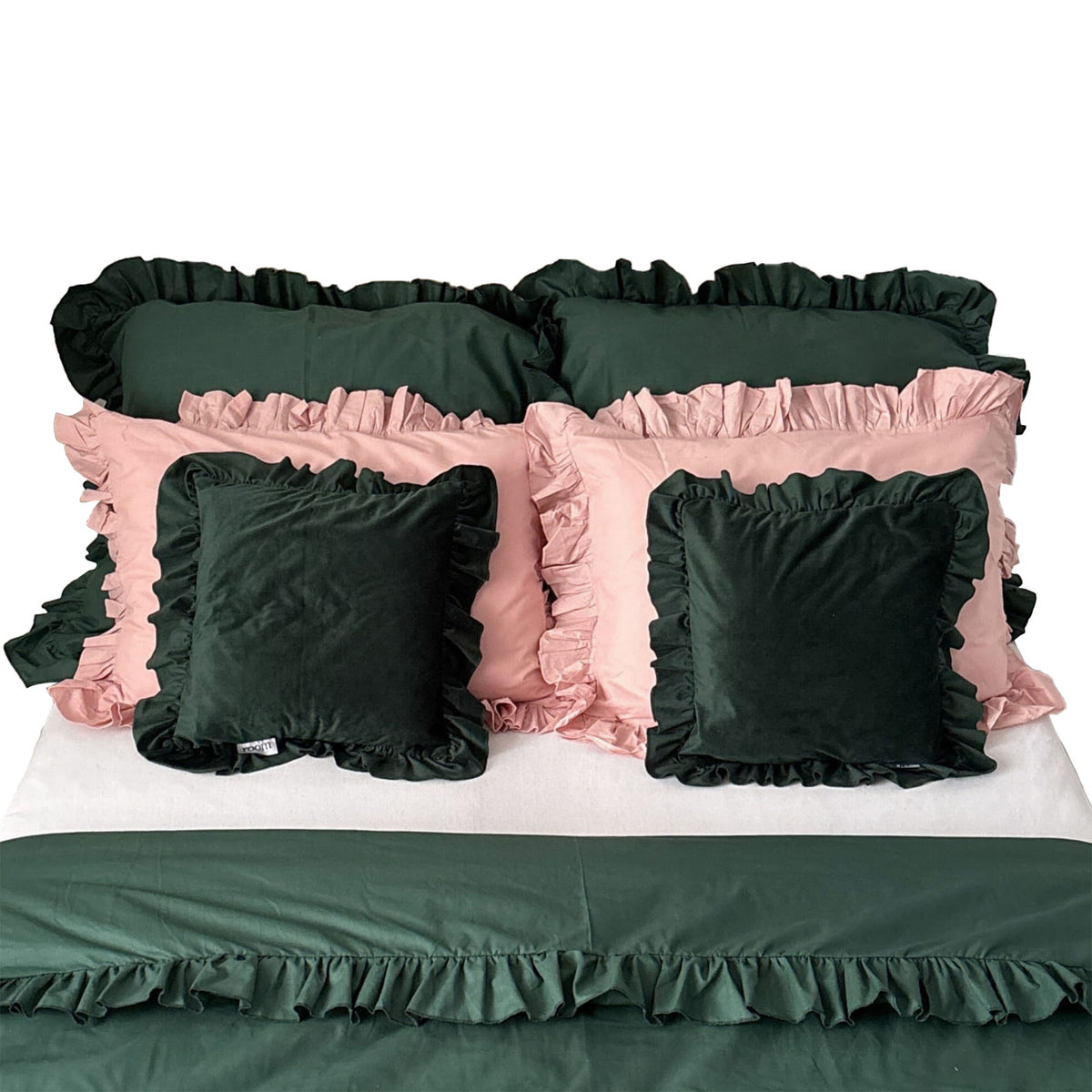 Pościel Bawełniana Z Falbanką Komplet Do Sypialni + 6 Poduszek 200X200 Cm Butelkowa Zieleń Brudny Róż