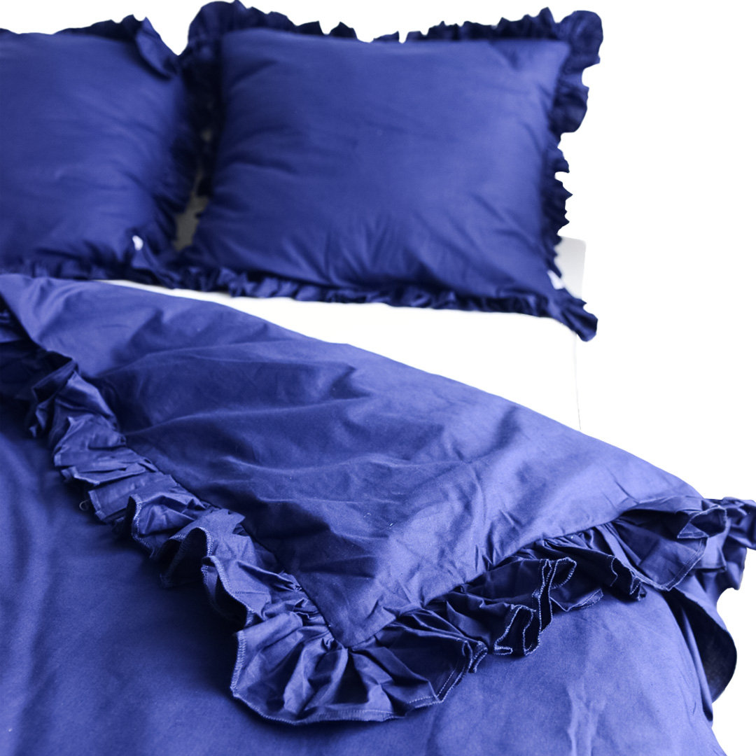 Pościel Bawełniana Z Falbanką Zestaw Komplet Do Sypialni Granatowa 220X200 Cm + 2 Poduszki 70X80 Cm