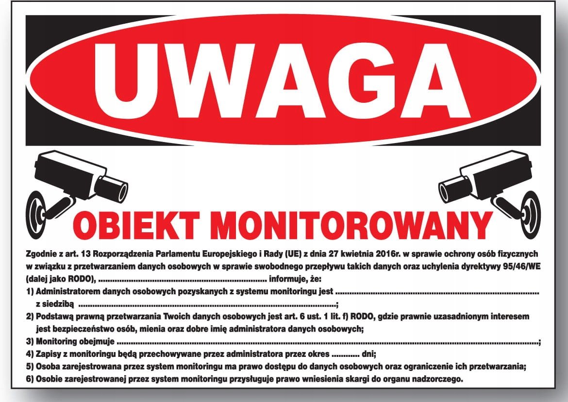 UWAGA obiekt monitorowany RODO tablica 250x350 znak informacyjny BHP płyta LIBRES POLSKA SP