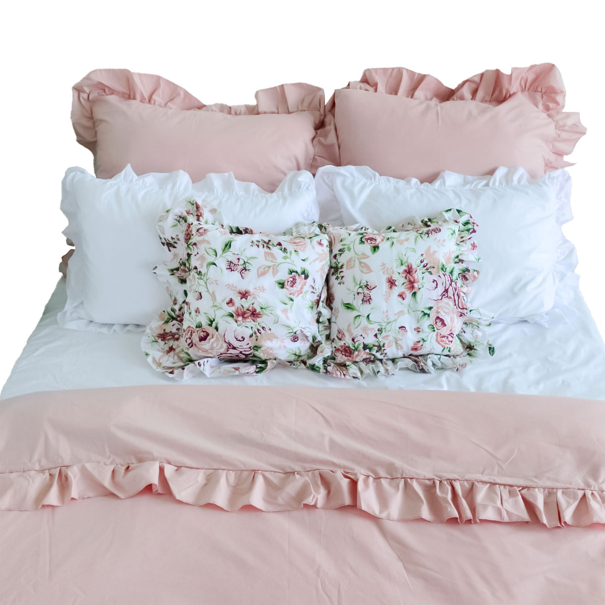 Pościel Bawełniana Z Falbanką Komplet Do Sypialni + 6 Poduszek 220X200 Cm Brudny Róż Biel Kwiaty