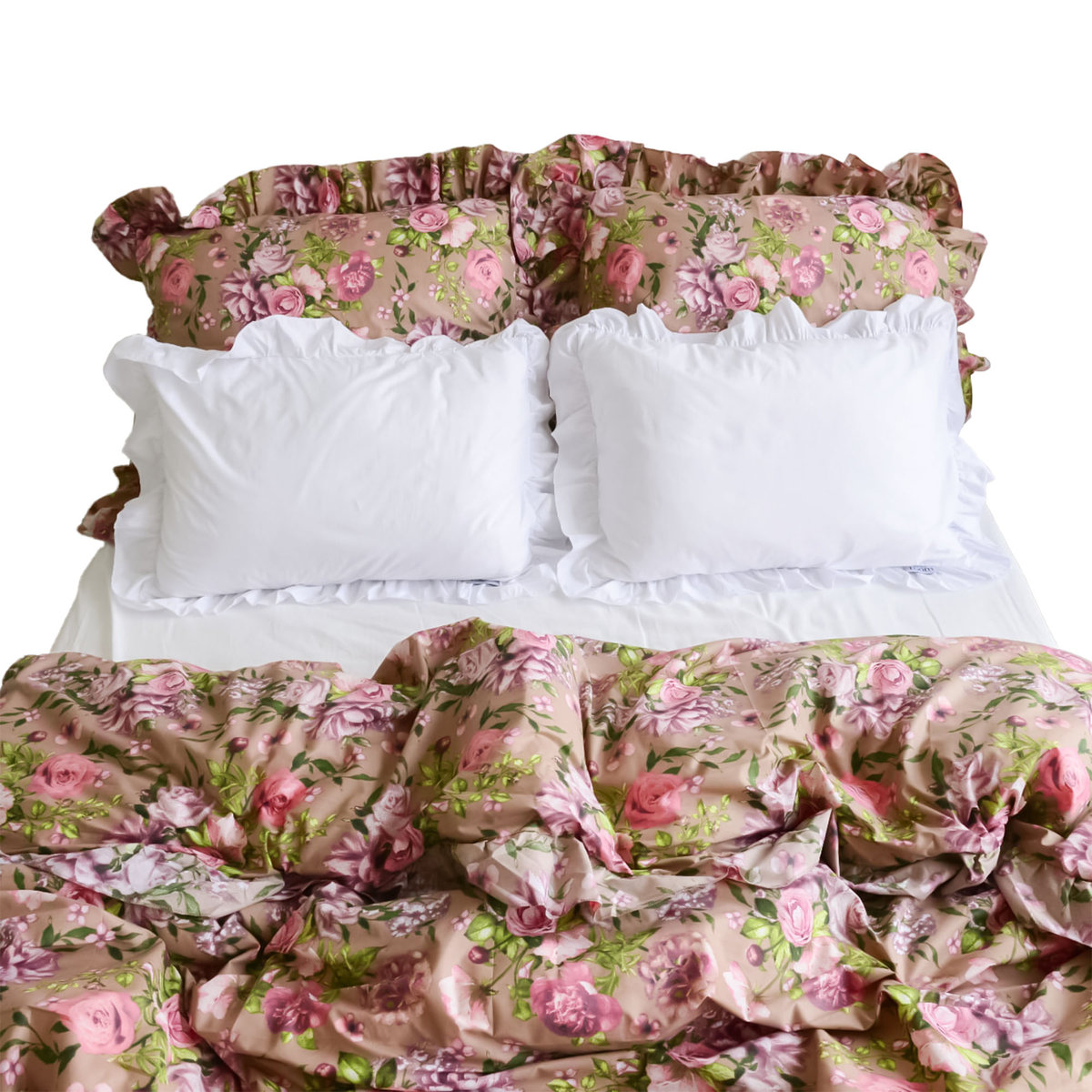 Pościel Bawełniana Z Falbanką Komplet Do Sypialni + 4 Poduszki 180X200 Cm Różowe Kwiaty Biel