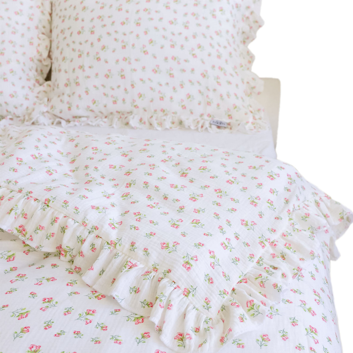 Pościel Muślinowa Z Falbanką Komplet Zestaw 200X200 Cm Czerwone Kwiatki + 2 Poduszki 70X80 Cm