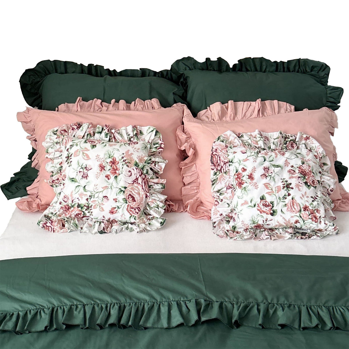 Pościel Bawełniana Z Falbanką Komplet Do Sypialni + 6 Poduszek 180X200 Cm Butelkowa Zieleń Retro Kwiaty