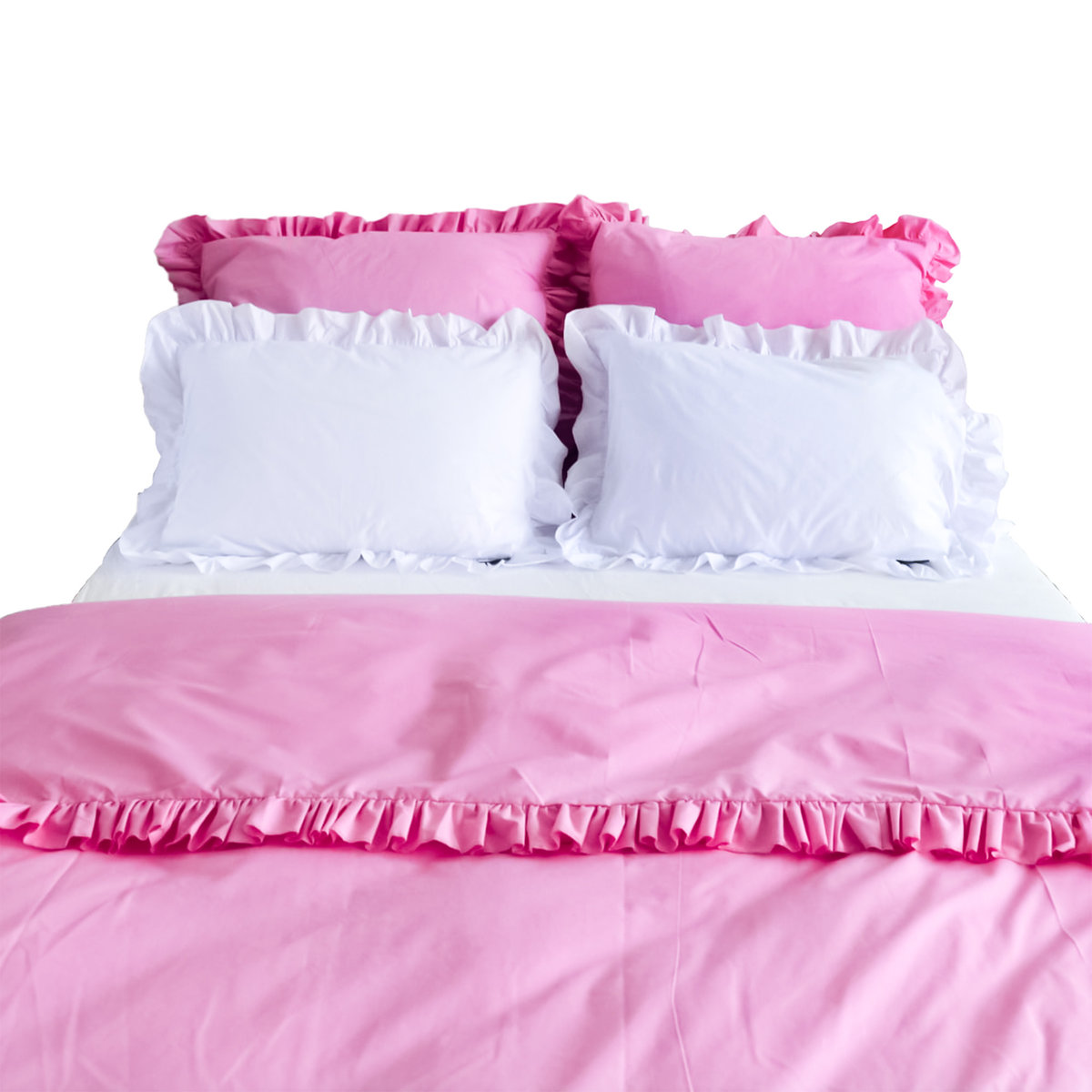 Pościel Bawełniana Z Falbanką Komplet Do Sypialni + 4 Poduszki 220X200 Cm Róż Biel