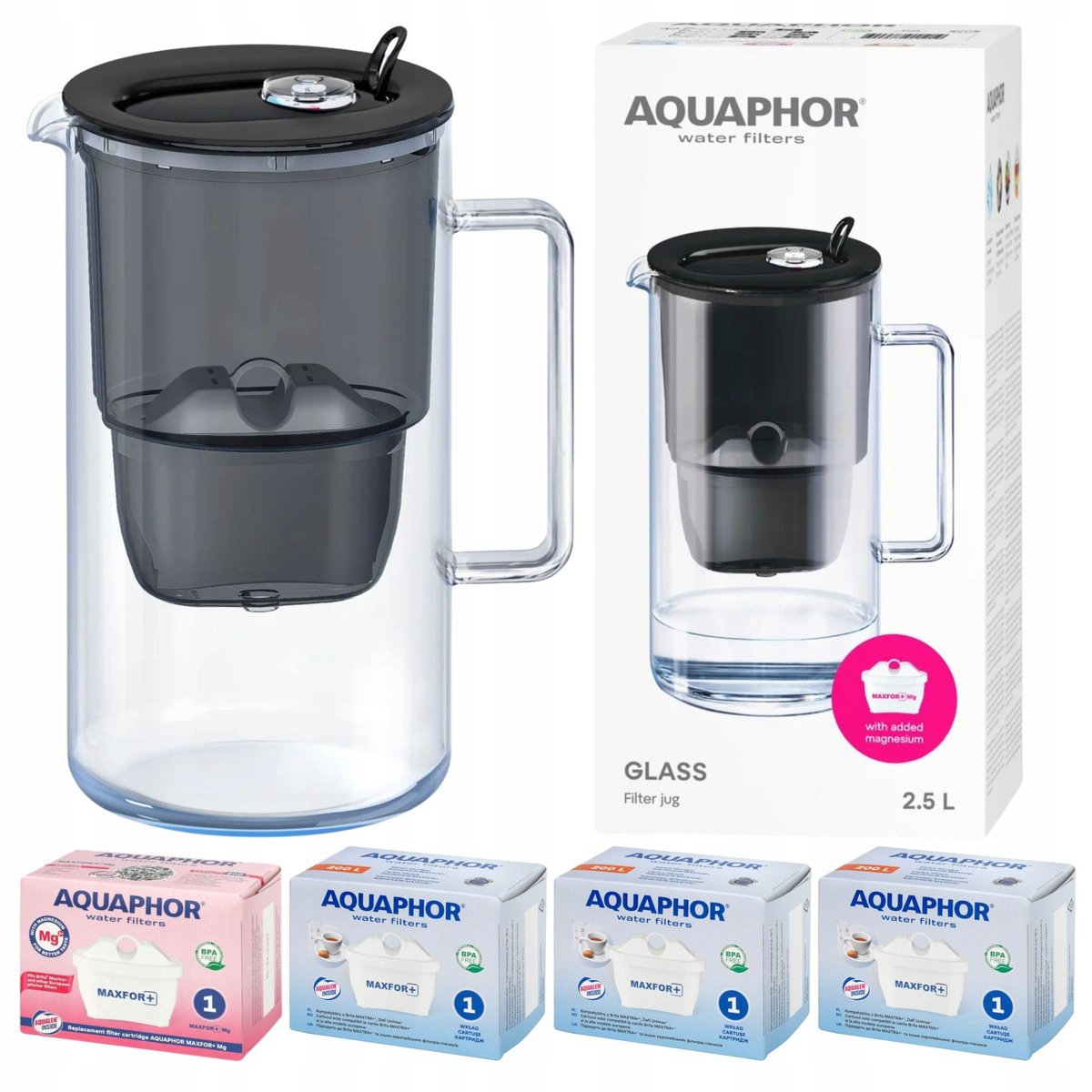 Dzbanek filtrujący szklany Aquaphor Glass czarny +4 filtry Maxfor (1Mg + 3)