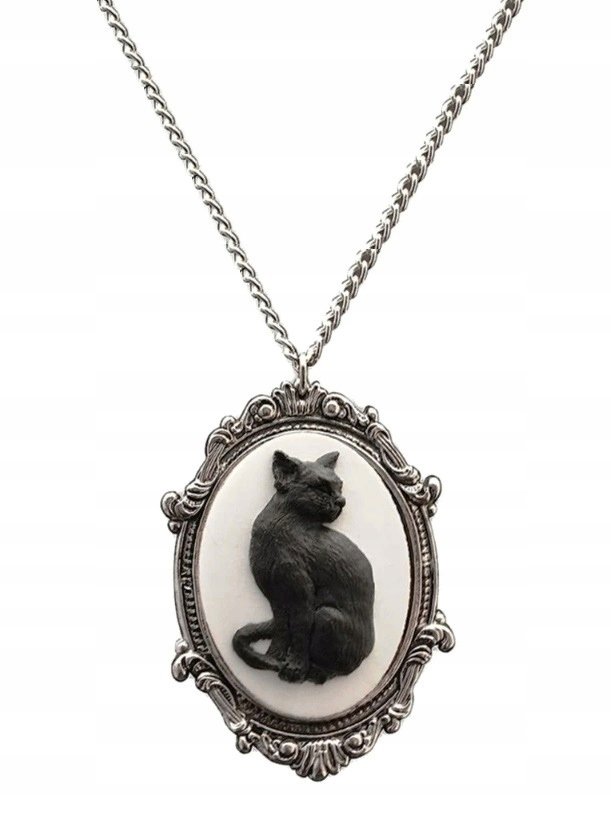 Piękny Naszyjnik Wisiorek, Przywieszka - Czarny Kot Kotek - Vintage Styl