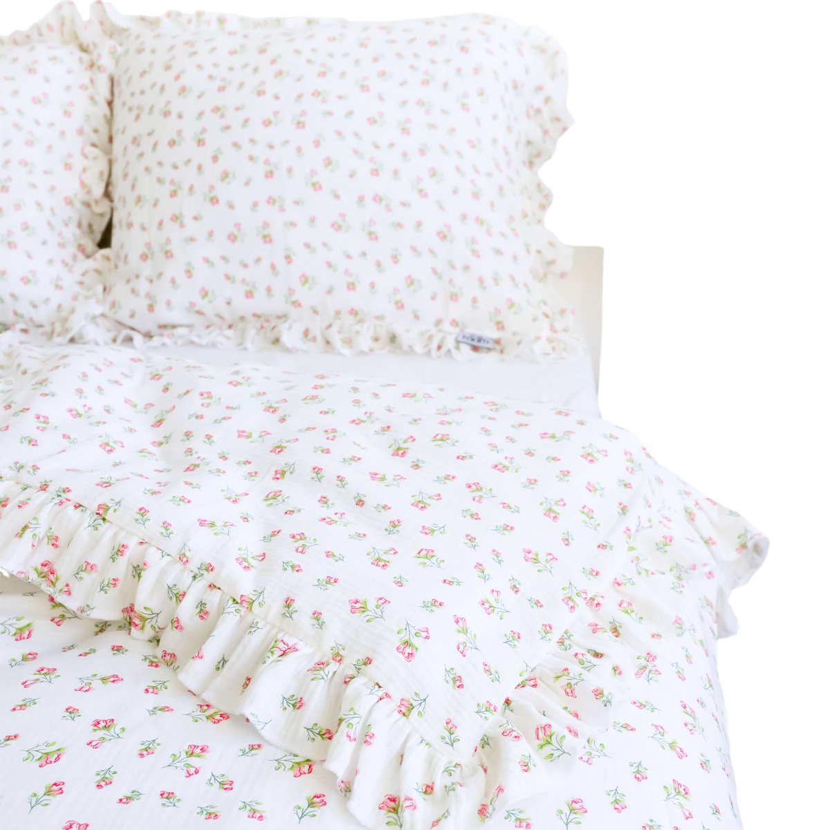 Pościel Muślinowa Z Falbanką Komplet Zestaw 140X200 Cm Czerwone Kwiatki + Poduszka 70X80 Cm