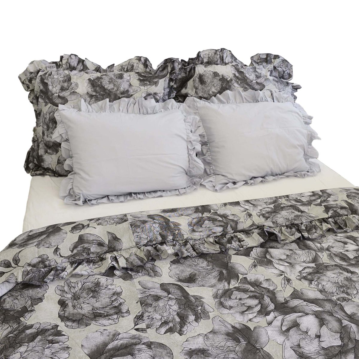 Pościel Bawełniana Z Falbanką Komplet Do Sypialni + 4 Poduszki 220X200 Cm Szare Kwiaty